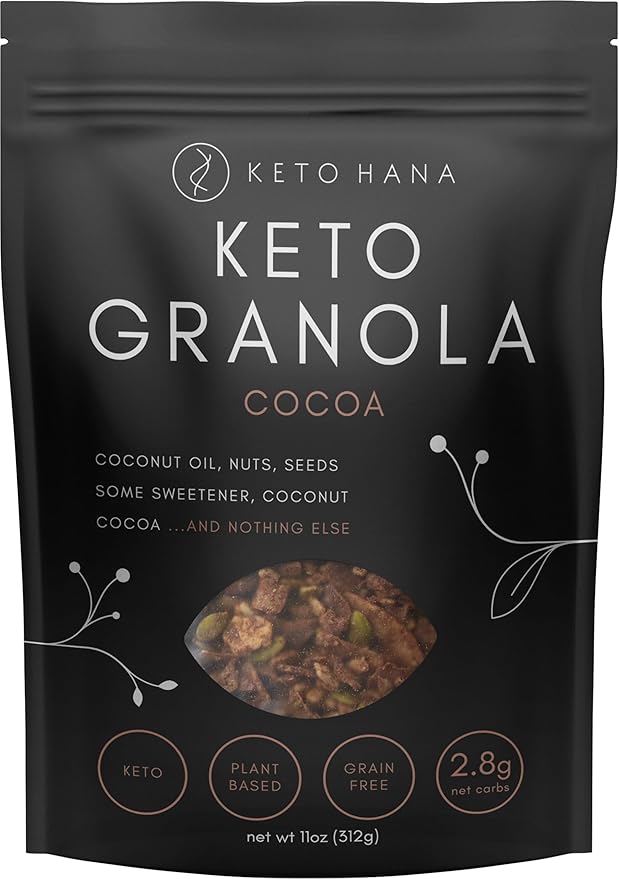Keto Hana Keto Nut Granola (11oz), Cocoa Flavored- Low Carb, Low Calorie, High Protein (2g Net Carbs)