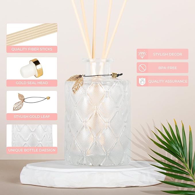 Glass Reed Diffusers Bottles for Home, Diffuser Bottles with 20PCS Reed Diffuser Sticks, Vintage Embossed Apothecary Style Flower Bud Vases with Cork Lids, Set of 3