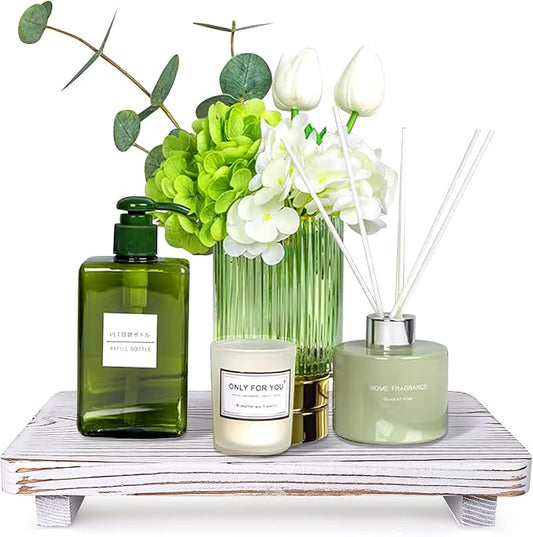 Bathroom Counter Tray Wood Pedestal Stand White Kitchen Countertop Trays Decorative Dish Soap Dispenser Holder for Bathroom Sink Accessories Wooden Riser Display Stands Kitchen Decor Vanity Tray