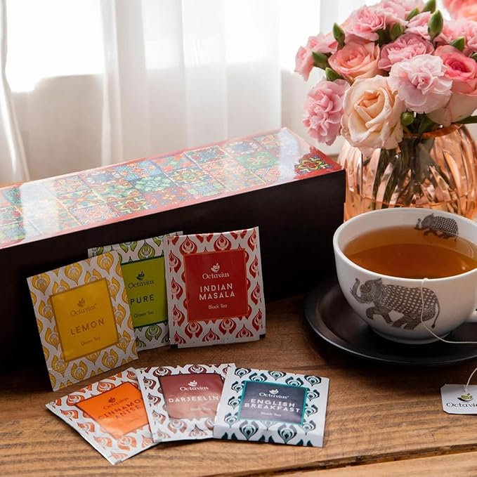 Octavius - Assorted Tea Variety Pack in Tile Motif Design Wooden Box | 6 Flavors, 60 Tea Bags | Black & Green Tea | Tea Gifts for Women & Men