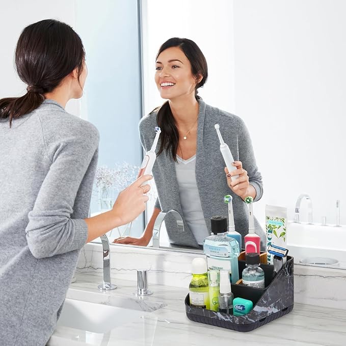 Chintu Toothbrush Holders for Bathroom Counter Organizer - 6 Slots Tooth Brushing Holder for Family Kids, Electric Toothbrush and Toothpaste Holder for Vanity Countertop Storage Black Marble