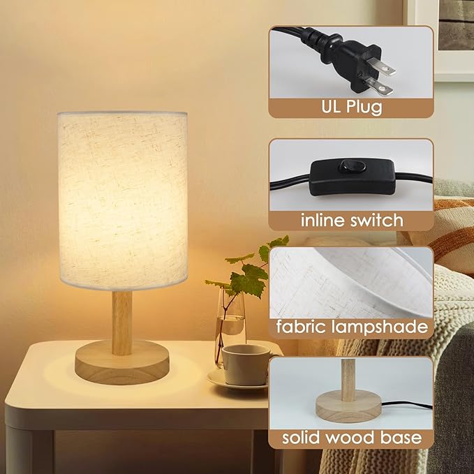 6.3in Bedside Table Lamp for Bedroom, Minimalist Nightstand Lamp with Round Fabric Linen Shade,Study Reading Desk Lamp for Kids Room, Night Table Lamp for Living Room, College Dorm, Home, Office