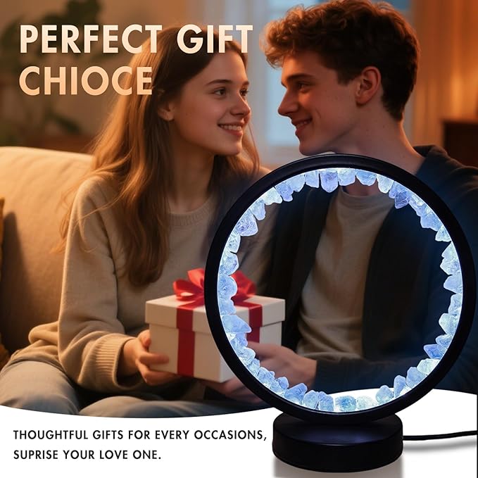 Crystal Night Light,3 Colors Ambient Lighting USB Dimming Healing Crystal Table Lamp,Natural Energy Crystal Decor for Bedroom Home Dating Gift (Blue, Circle)