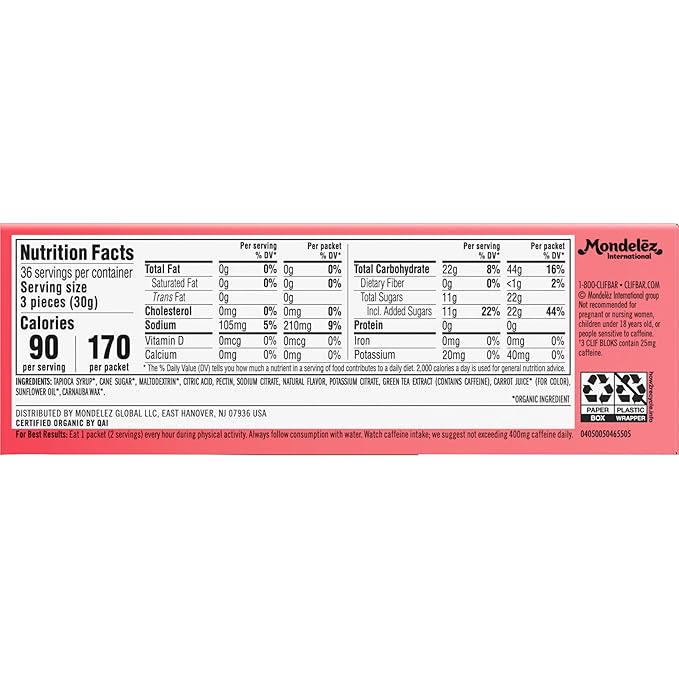 Clif Bloks Sours - Strawberry Lemonade Flavor with Caffeine - Energy Chews - Non-GMO - Plant Based - Fast Fuel for Cycling and Running - Quick Carbohydrates and Electrolytes - 2.12 oz. (18 Count)