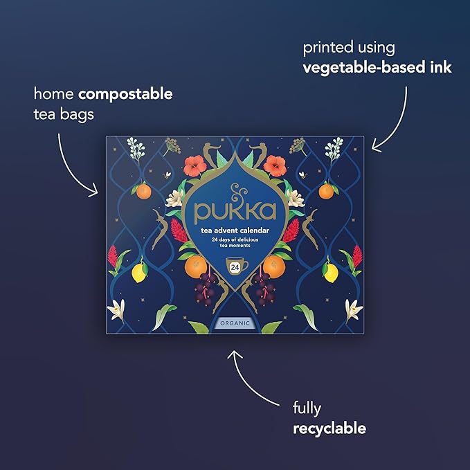 Pukka 2025 Advent Calendar Organic Tea Sampler, Selection of 24 Delightful Black & Green Tea Infusions, Christmas Gift Idea for Tea Lovers, 100% Organic