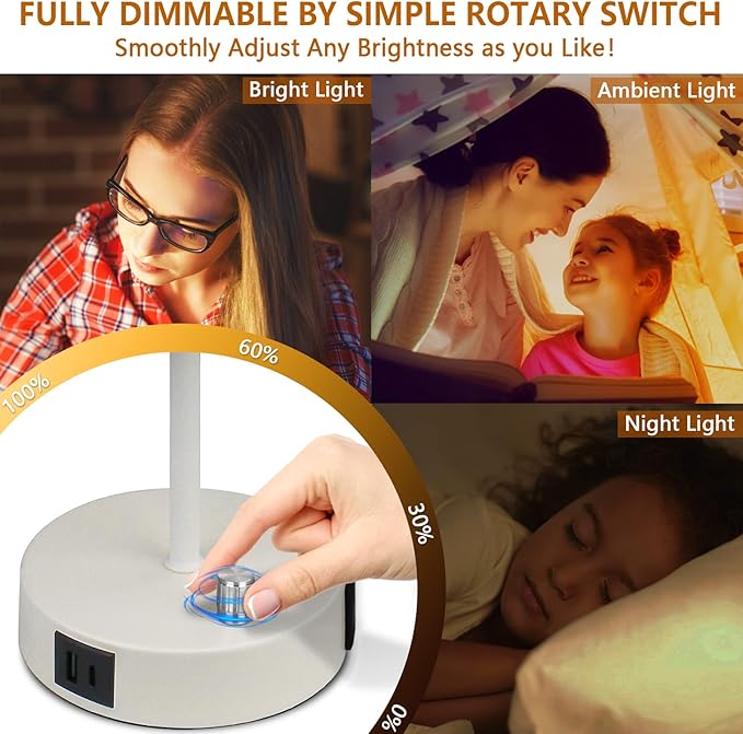 HiBay 17.75" H Dimmable LED Bedside Table Lamps Set of 2 with USB Charging Ports & AC Outlet, Modern White Nightstand Lights for Bedroom, Office, Living Room, Kids Room, E26 Bulb Included