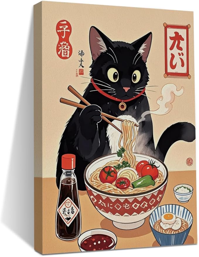 HZMLYDJ Cute Japanese Cat Canvas Wall Art, Quirky Cats Eating Ramen Posters Trendy paintings Wall Art Decor, Aesthetic Canvas Decoration Artwork for Walls Home Living Room Kitchen Dining Room Decor
