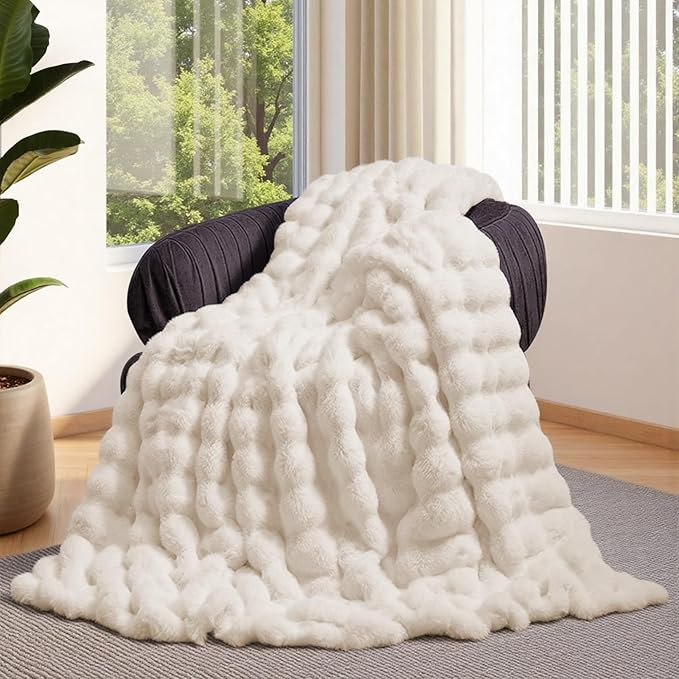 Lotus Karen Faux Fur Throw Blanket Cream White - Big Bubble Rabbit Fluff Blanket for Couch, Small Fluffy Fuzzy Cozy Blanket, Thick Furry Plush Shaggy Blankets, 50x60 Inches