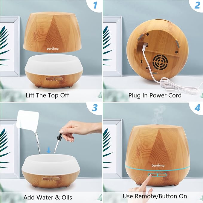 550ml Essential Oil Diffuser, DAROMA Upgraded Remote Control 6 in 1 Aromatherapy Ultrasonic Cool Mist Humidifier, 7 Color Changing Mood Lights & Waterless Auto-Off for Home Office Gift, Light Wood