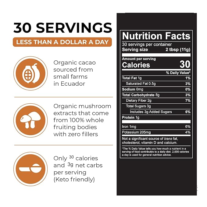 Inner Elevate Organic Mushroom Hot Chocolate - Ceremonial Cacao with 5 Adaptogenic Mushrooms - Great as a Coffee Alternative, Hot Chocolate, or Smoothie (30 Servings)