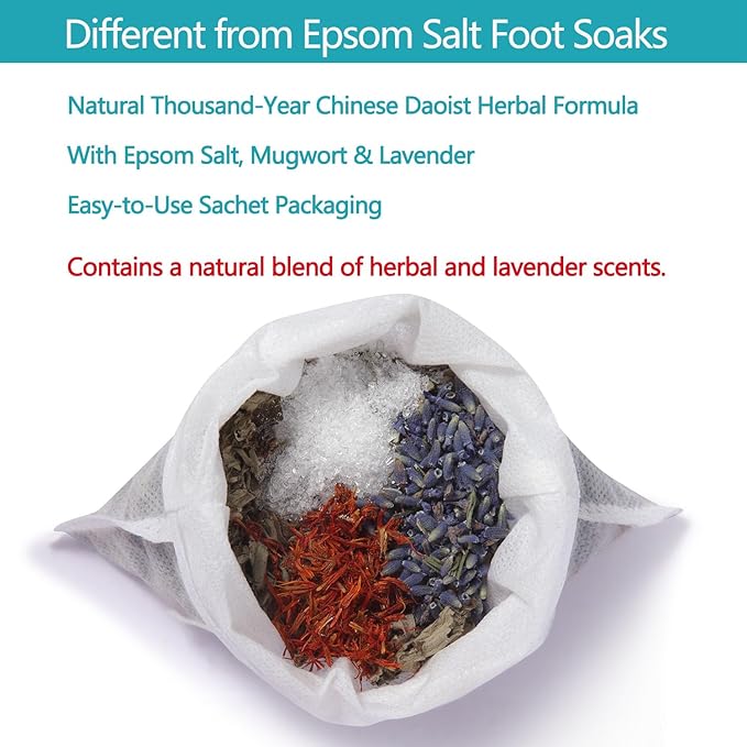Foot Soaking Salts with Herbs, Epsom Salt, Lavender, and Mugwort, Foot Bath Spa for Soothing Relaxation, Detox, Pain Relief, and Softening Dry, Cracked Feet, Relax & Warm Pedicure, 10 Sachets