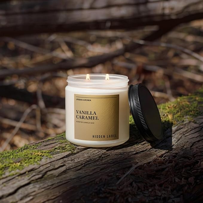 Hidden Label Vanilla Caramel Fall Candles, 12oz 2 Wick Non Toxic Candles for Home Scented, Natural Soy Wax Clean Burning Aromatherapy Candle, 70H Long Lasting for Gifts Stress Relief & Relaxation