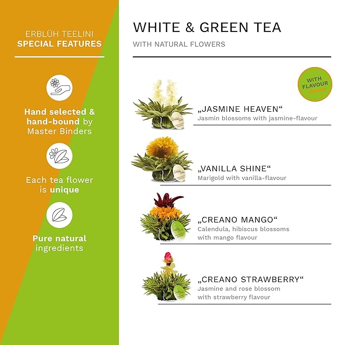 Creano 4 tea Flowers in elegant Gift Box - Blooming Tea White & Green Tea in Cup Size