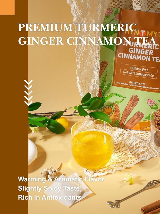 HYNTMYT Turmeric Ginger Cinnamon Tea Bags, Herbal Blend of Turmeric & Ginger Root & Cinnamon, Light Spicy & Sweet Flavor, Caffeine Free, 120 Count