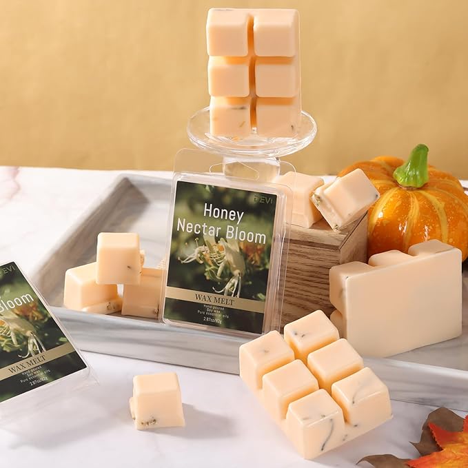 DEVI Scented Wax Melts with Dried Flowers, Natural Soy Wax Cubes Strong Scent - Fall Scented Candle Melts for Warmer, Vanilla Almond Biscuit, Lavender & Eucalyptus, Jasmine, Citronella, 4 Pack