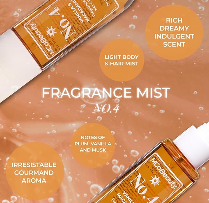MCoBeauty - Fragrance Mist No.4 - Light Body and Hair Spray with Caramel, Macadamia, White Chocolate and Sea Salt - Gifts for Women, Cute Stuff, Feminine Spray, Self Care Gifts for Women - 90ml Bottle