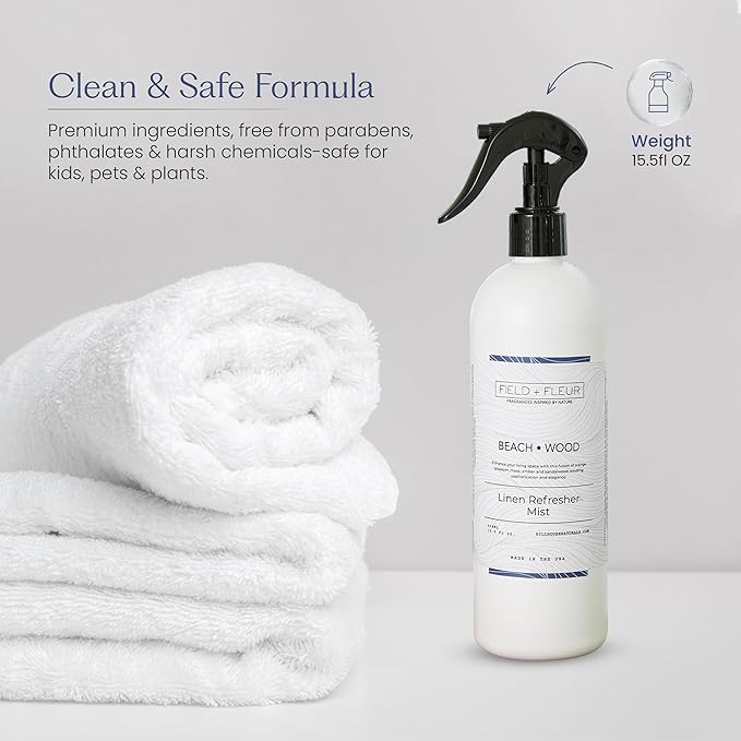 FIELD FLEUR Beachwood Linen & Room Spray 15.5 oz - Aromatic & Refreshing Bedding & Fabric Mist - Air Freshener for Clothes & Sofas - Notes of Peach, Orange Blossom, Moss & Sandalwood -Made in USA