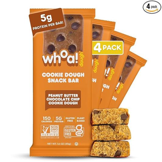 Whoa Dough Edible Cookie Dough Bars- Certified Non-GMO, Kosher and Gluten Free Bars - Healthy Snack Foods - Plant Based Snacks - Peanut Butter Chocolate Chip Cookie Dough - 4 Pack