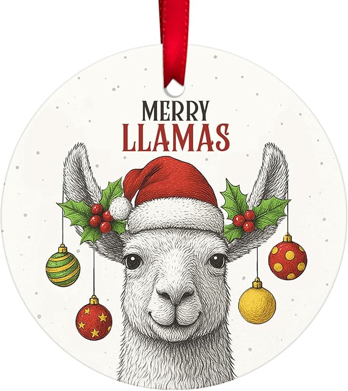 34HD Merry Llamas Ceramic Christmas Ornament – Funny Double-Sided Holiday Llama Tree Decoration for Animal Lovers