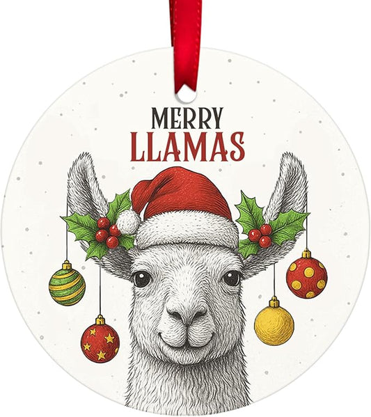 34HD Merry Llamas Ceramic Christmas Ornament – Funny Double-Sided Holiday Llama Tree Decoration for Animal Lovers