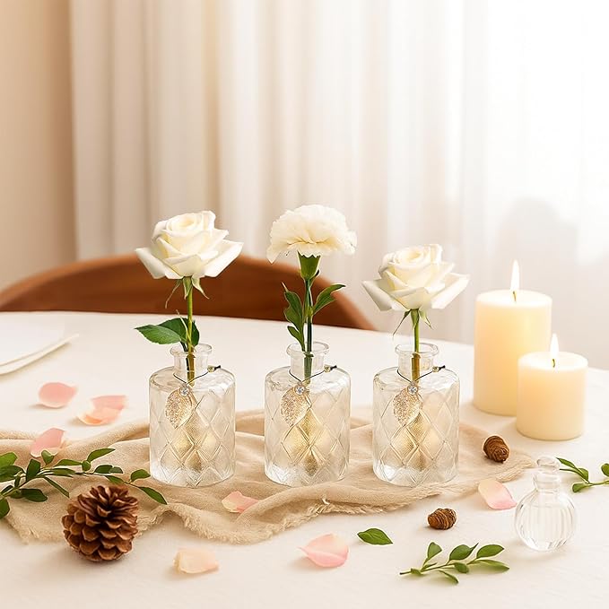 Glass Reed Diffusers Bottles for Home, Diffuser Bottles with 20PCS Reed Diffuser Sticks, Vintage Embossed Apothecary Style Flower Bud Vases with Cork Lids, Set of 3