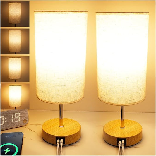 Bedside Table Lamp for Bedroom - 4 Way Dimmable Touch Lamp with USB and Type-C Charge Port,Small Wood Base Round Flaxen Fabric Shade Lamp Living Room,Bedroom Use (Yellow Base, 2Pack)