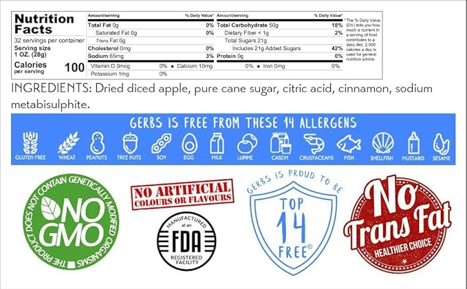 Gerbs Dried Cinnamon Sugar Apple Cubes 2 lbs. | Unsulfured, No Additives, Resealable Bag | Naturally Sweet & Spiced | Top 14 Allergen-Free