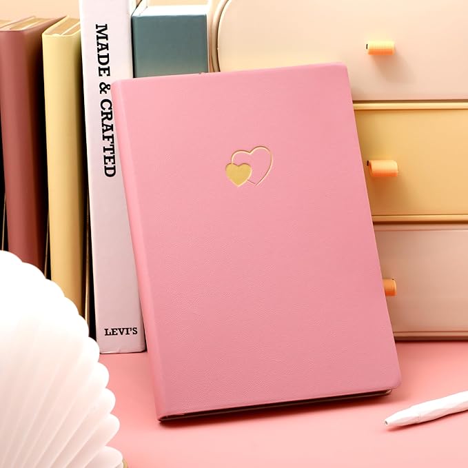 CAGIE Pink Journal for Women 256 Pages Cute Diary with Heart-Shaped Leather Journals for Writing A5 Soft Cover Journaling Notebooks for Work School (03 Pink, A5)