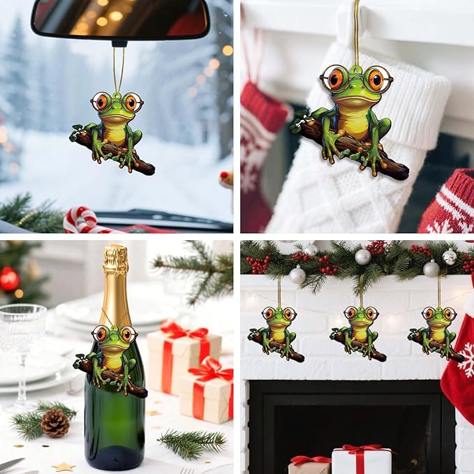 Green Frog Christmas Tree Keepsake Ornaments, Funny Frogs Themed 2 Side Printed Flat Wooden Ornament, Xmas Hanging Decor