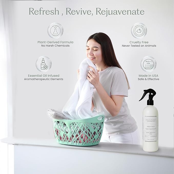 FIELD FLEUR Yuzu Sage Linen & Room Spray 15.5 oz - Aromatic & Refreshing Bedding & Fabric Mist - Air Freshener for Clothes & Sofas - Notes of Yuzu, Mandarin, Sage & Eucalyptus - Made in USA