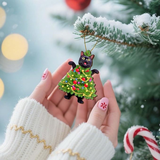 Black Cat Wooden Ornament - Cute Screaming Cat Decorative Pendant - Black Cat Hanging Gifts for Cat Lovers - 2 Side Printed Christmas Tree Ornament