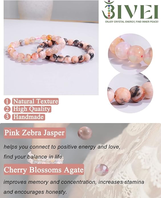 Bivei Natural Gemstone Semi Precious Healing Crystals Handmade Stretchy Round Beads Bracelet, Enhance Positive Energy