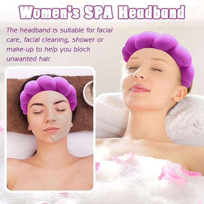 Zkptops Spa Headband for Washing Face Wristband Set Sponge Makeup Skincare Terry Cloth Bubble Soft Get Ready Hairband for Women Girl Puffy Padded Headwear Non Slip Thick Hair Accessory(Dark Purple)
