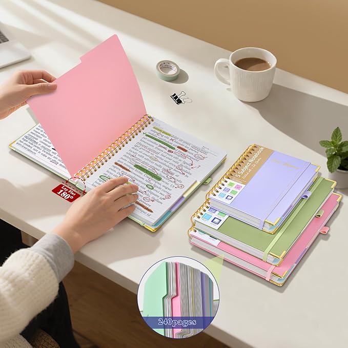 Hardcover Spiral Notebooks for Work, 5 Subject Notebook College Ruled with Dividers Tabs, Lined Organizer Notebook Journal for women, 8"x10" Large B5 Notebooks for School Note taking, 240 Pages Purple