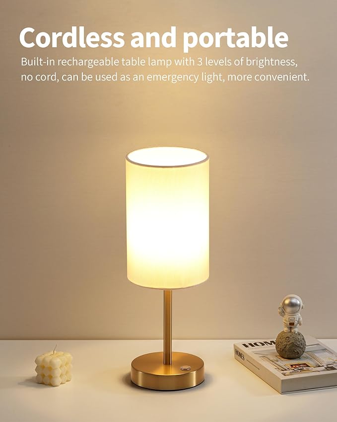 KDG Simple Cordless Table lamp, Portable Bedside 5000mAh LED Desk Lamp, 3 Brightness Levels Emergency Light, Linen Lampshade for Living Room, Bedroom, Dining Room, Night Light (Gold)