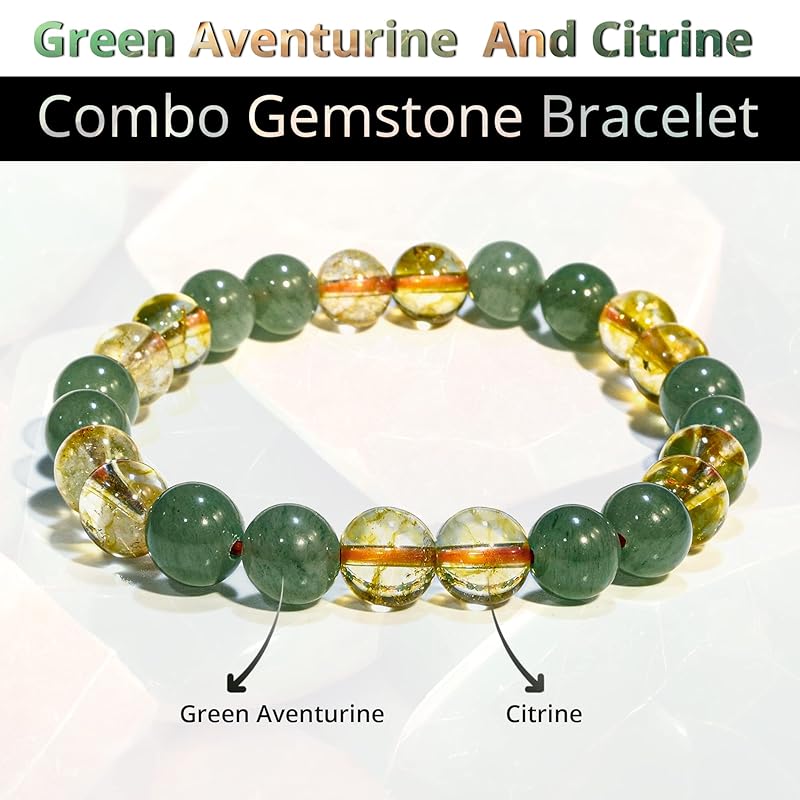 Citrine, Green Aventurine Bracelet – Healing Crystal Bracelet for Women and Men – 8mm Round Beaded Bracelet for Good Luck, Wealth, Abundance – Elastic Adjustable Size Gemstone Bead Bracelet