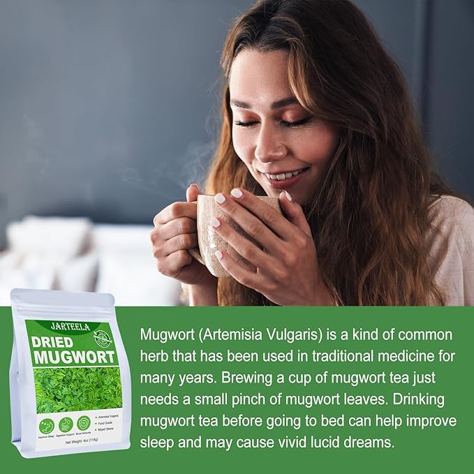 Jarteela - Premium Dried Mugwort Herbs - 4oz/114g - Natural Herbs Loose Leaf For Mugwort Tea - Non-GMO - Caffeine-free