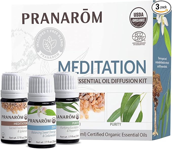 Pranarom - Meditation Diffusion Essential Oil Kit (3-Pack of 5ml) - Meditation, Zen, and Purity Essential Oils - 100% Pure Essential Oil | USDA and ECOCERT Certified Organic