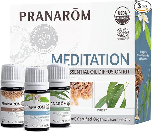 Pranarom - Meditation Diffusion Essential Oil Kit (3-Pack of 5ml) - Meditation, Zen, and Purity Essential Oils - 100% Pure Essential Oil | USDA and ECOCERT Certified Organic