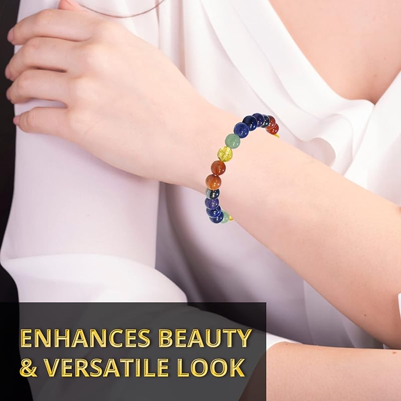 7 Chakra Bracelet, Natural Healing Crystal Bracelet for Women and Men, 8mm Round Beaded Bracelet for Spiritual Healing, Protection, Positive Energy, Elastic Adjustable Size Gemstone Bead Bracelet
