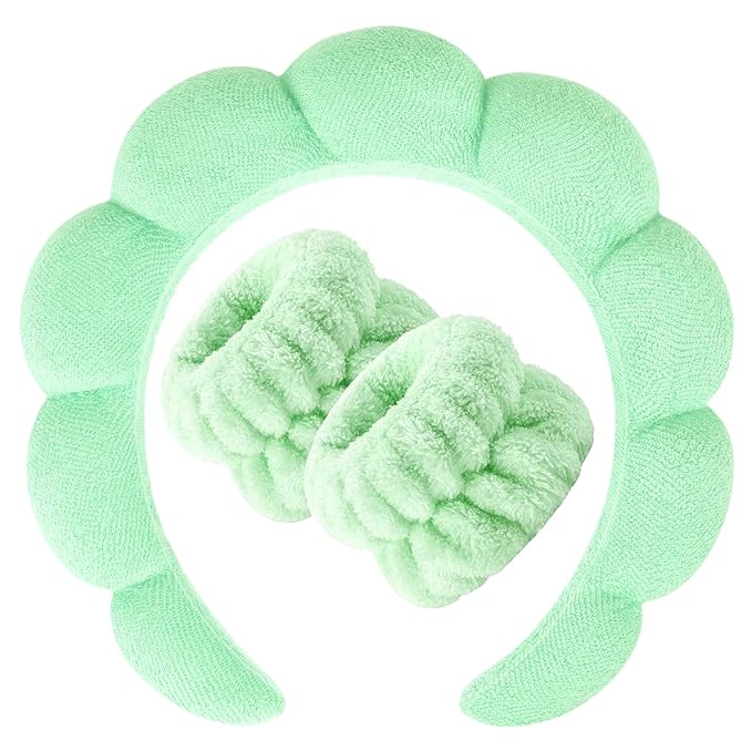 Zkptops Spa Headband for Washing Face Wristband Set Sponge Makeup Skincare Terry Cloth Bubble Soft Get Ready Hairband for Women Girl Puffy Padded Headwear Non Slip Thick Hair Accessory(Light Green)