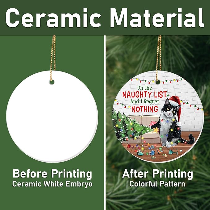 34HD 2.9"" Lightweight Ceramic Ornament for Christmas Tree, Both Sides Printed Flat Hanging Ornament, Gifts for Christmas, Christmas Decoration - Black Cat Funny
