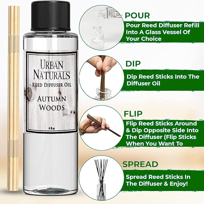 Urban Naturals Reed Diffuser Oil Refill Autumn Woods, Fall Leaves, Cedarwood, Apple Bark, 4 oz + Free Reed Sticks, Made in The USA