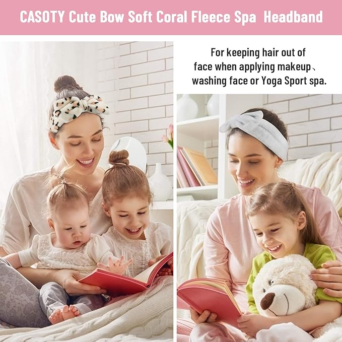 6 Pcs Spa Facial Headbands Set - Soft Fleece Headbands for Makeup, Face Washing, Skin Care, Yoga, and Shower with Bow Hair Band