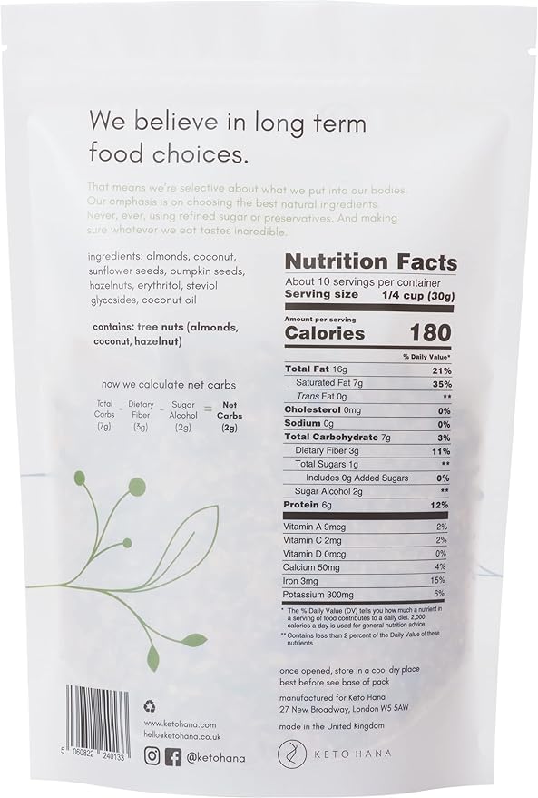 Keto Hana Keto Nut Granola (11oz), Coconut & Almond Plant Based- Low Carb, Low Calorie, High Protein (2g Net Carbs)