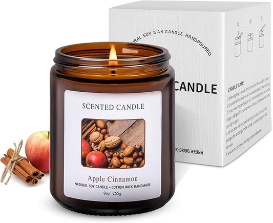 Apple Cinnamon Scented Candles for Home Scented Aromatherapy Candles, Hand-Poured, 9 OZ, 50H Clean Burn,Soy Wax Candle Gift Set for Women Men