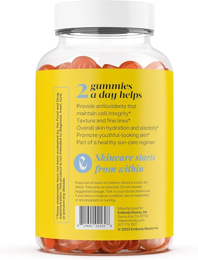 Embody Antioxidant Sun Gummy, Orange Pineapple Flavor, Fern Extract Supplement for Anti-Aging, Dark Spots, Healthy Skin - Promotes Collagen Production, Vitamin C, Selenium (60 Count, Orange Pineapple)