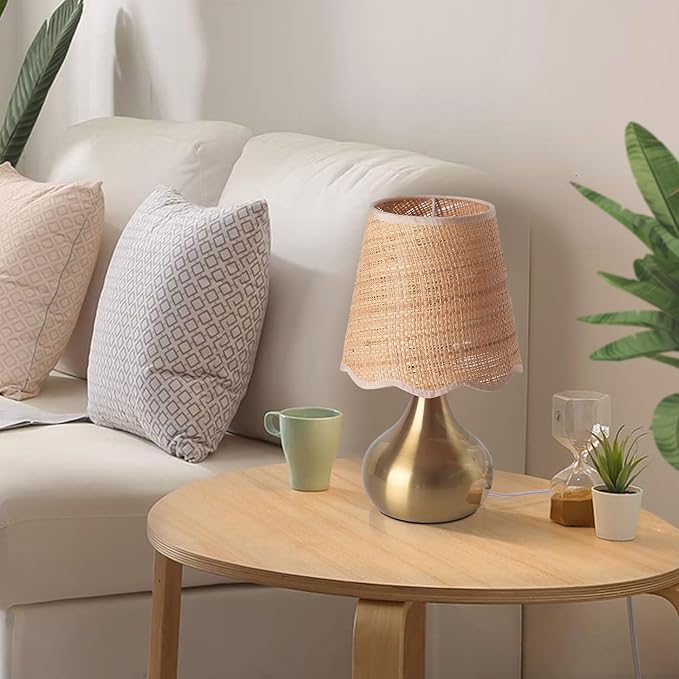 Gold Small Bedside Table Lamp Touche Control 3-Way Dimmable Brass Mini Table Lamps for Nightstand, Rattan Shade Small Table Lamps for Small Spaces for Kitchen Counter, Bookshelf, Bedroom