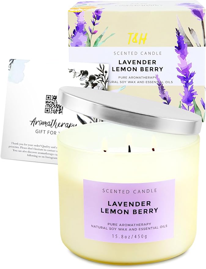 Lavender Lemon Berry Scented Candle | Large Aromatherapy Stress Relief 3 Wick Candles | Highly Scented Soy Candle for Home 15.8 oz | Soothing & Long Lasting Calming Lavender Candles for Women & Men