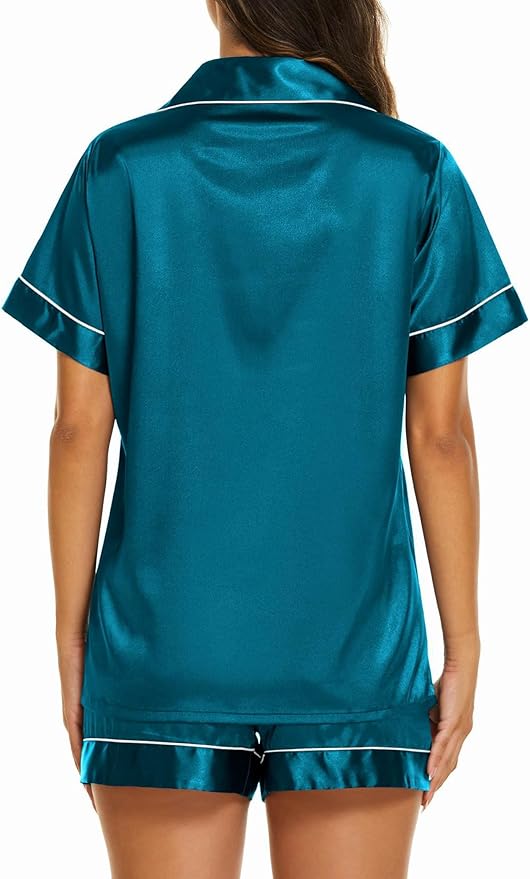 Ekouaer Silk Pajamas for Women Short Sleeve Sleepwear Soft Button Down Loungewear 2 Piece Satin Pjs Shorts Set S-XXL